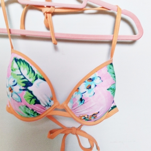 aerie Brooke Pink and Orange Tropical Print Push Up Halter Bikini Top Size 34D - Picture 4 of 8